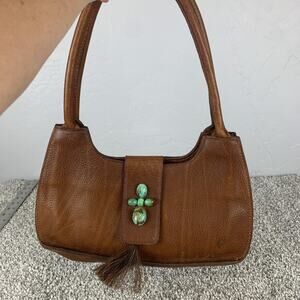 Two Bar West Leather Shoulder Bag Womens Brown Turquoise Cross Horsehair